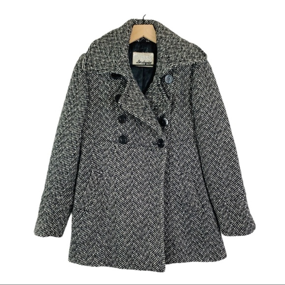 GUESS Black and White Tweed Pea Coat petite large